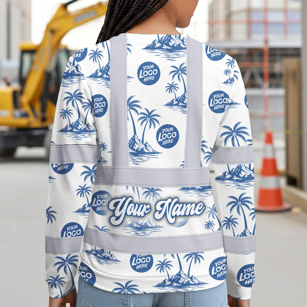 Hi Vis Long Sleeve Shirt Reflective Tapes Dark Blue And White Flowers Custom Name And Logo Safety Workwear For Truckers, Company