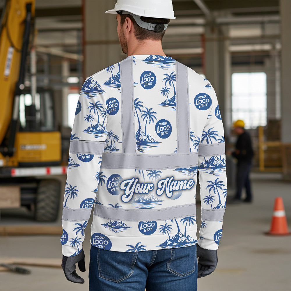 Hi Vis Long Sleeve Shirt Reflective Tapes Dark Blue And White Flowers Custom Name And Logo Safety Workwear For Truckers, Company