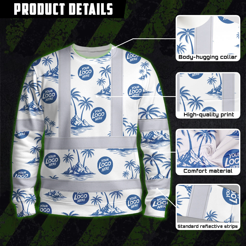 Hi Vis Long Sleeve Shirt Reflective Tapes Dark Blue And White Flowers Custom Name And Logo Safety Workwear For Truckers, Company