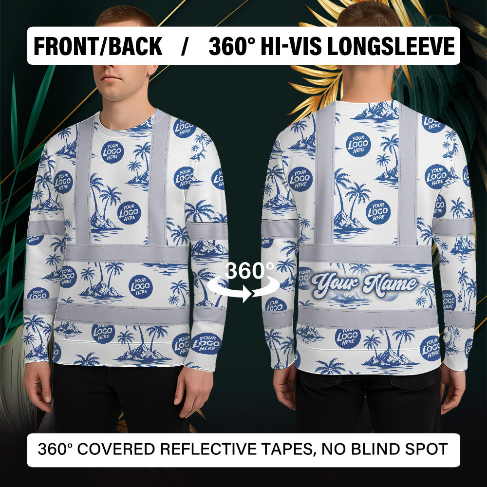 Hi Vis Long Sleeve Shirt Reflective Tapes Dark Blue And White Flowers Custom Name And Logo Safety Workwear For Truckers, Company