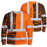 Hi Vis Long Sleeve Shirt Reflective Tapes TiKi Hawaiian Orange Neon Polynesian Tribal Custom Name Safety Workwear For Truckers,Operators