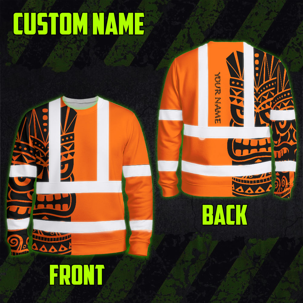 Hi Vis Long Sleeve Shirt Reflective Tapes TiKi Hawaiian Orange Neon Polynesian Tribal Custom Name Safety Workwear For Truckers,Operators