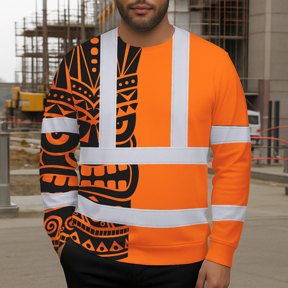 Hi Vis Long Sleeve Shirt Reflective Tapes TiKi Hawaiian Orange Neon Polynesian Tribal Custom Name Safety Workwear For Truckers,Operators