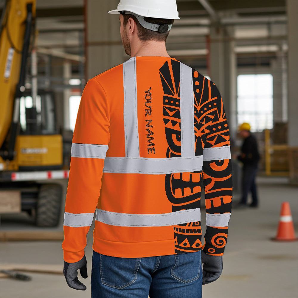 Hi Vis Long Sleeve Shirt Reflective Tapes TiKi Hawaiian Orange Neon Polynesian Tribal Custom Name Safety Workwear For Truckers,Operators