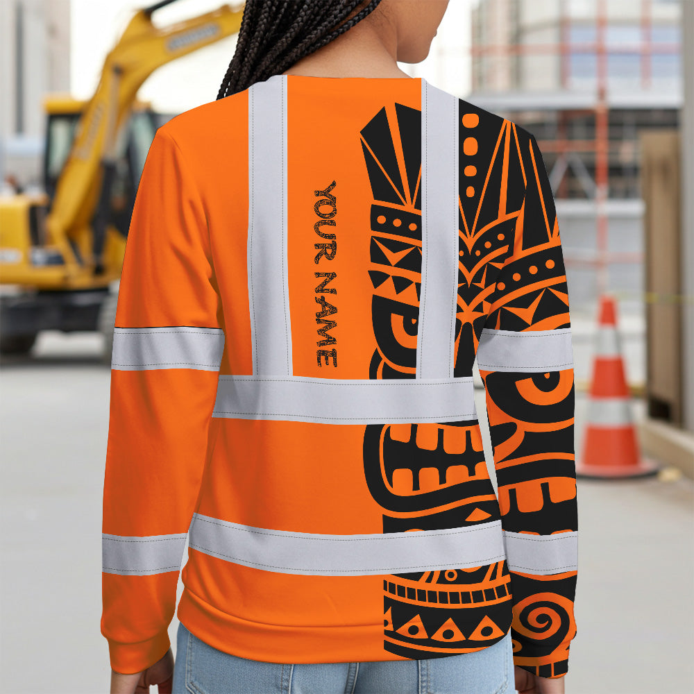 Hi Vis Long Sleeve Shirt Reflective Tapes TiKi Hawaiian Orange Neon Polynesian Tribal Custom Name Safety Workwear For Truckers,Operators