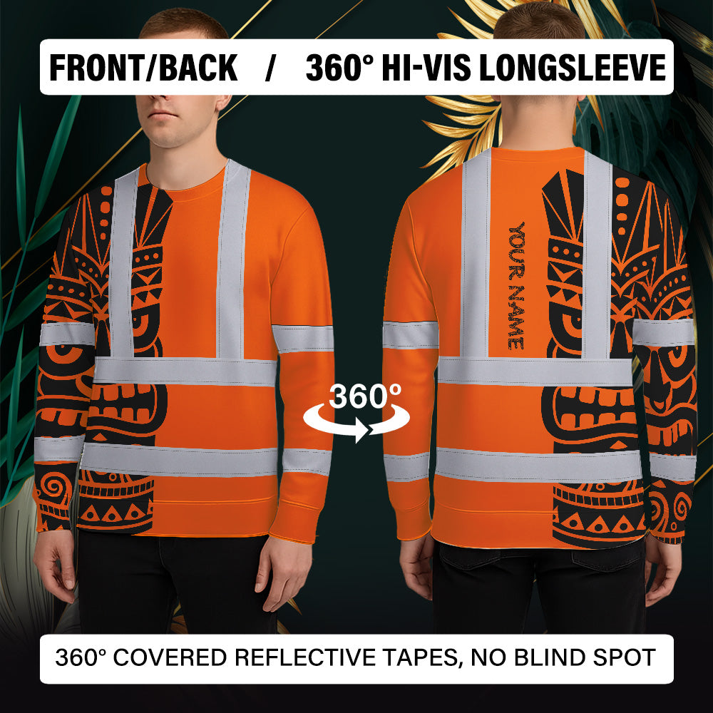 Hi Vis Long Sleeve Shirt Reflective Tapes TiKi Hawaiian Orange Neon Polynesian Tribal Custom Name Safety Workwear For Truckers,Operators