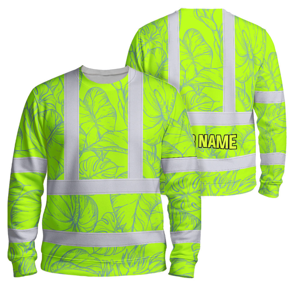 Hi Vis Long Sleeve Shirt Reflective Tapes Green Neon Flowers Custom Name Safety Workwear For Workers, Truckers, Operators