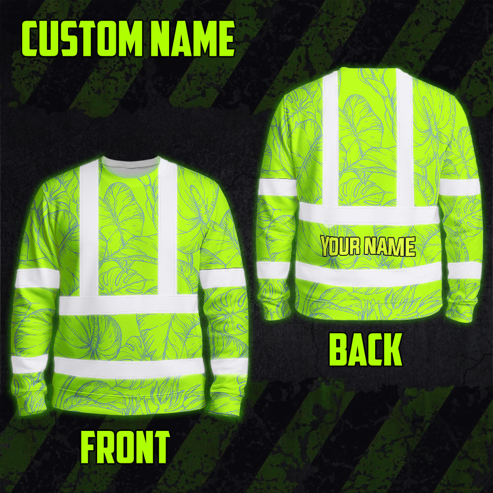 Hi Vis Long Sleeve Shirt Reflective Tapes Green Neon Flowers Custom Name Safety Workwear For Workers, Truckers, Operators