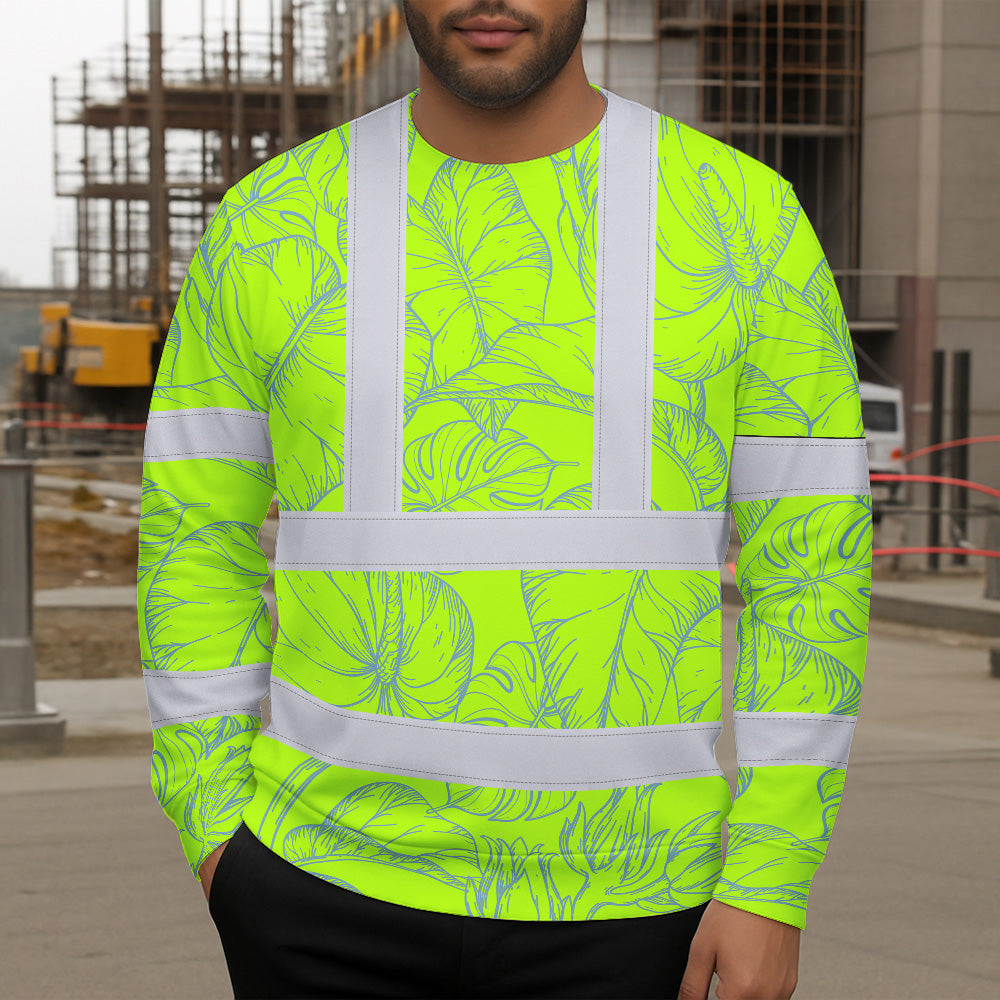 Hi Vis Long Sleeve Shirt Reflective Tapes Green Neon Flowers Custom Name Safety Workwear For Workers, Truckers, Operators