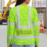 Hi Vis Long Sleeve Shirt Reflective Tapes Green Neon Flowers Custom Name Safety Workwear For Workers, Truckers, Operators