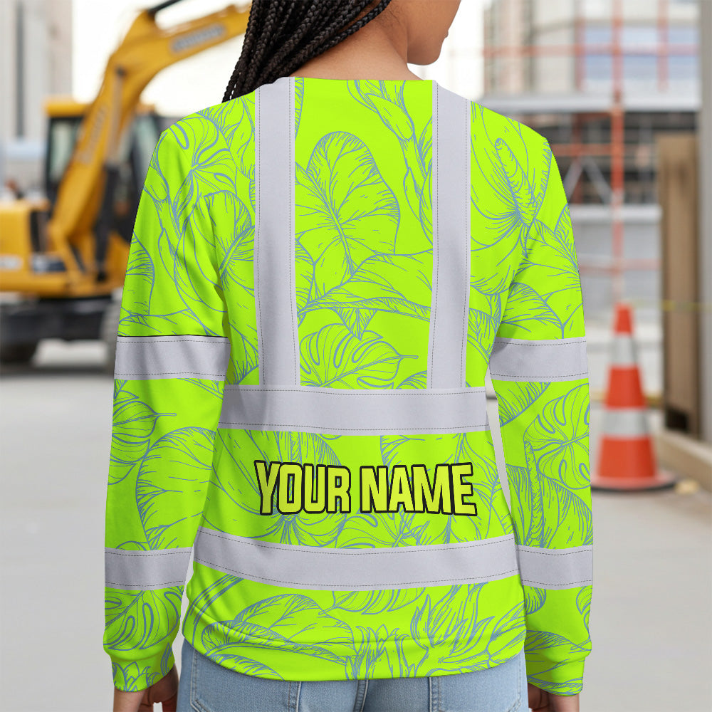 Hi Vis Long Sleeve Shirt Reflective Tapes Green Neon Flowers Custom Name Safety Workwear For Workers, Truckers, Operators