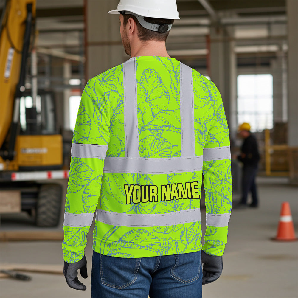 Hi Vis Long Sleeve Shirt Reflective Tapes Green Neon Flowers Custom Name Safety Workwear For Workers, Truckers, Operators