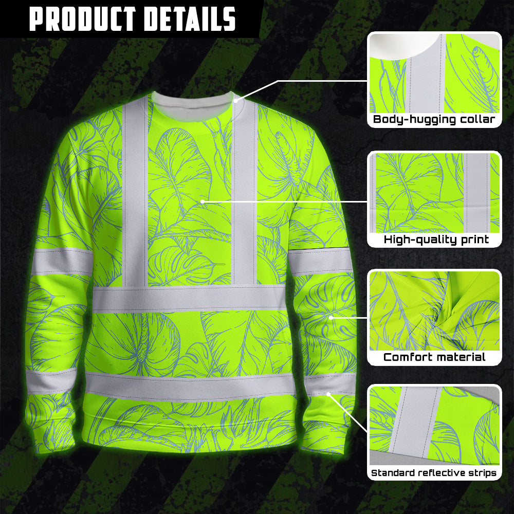 Hi Vis Long Sleeve Shirt Reflective Tapes Green Neon Flowers Custom Name Safety Workwear For Workers, Truckers, Operators