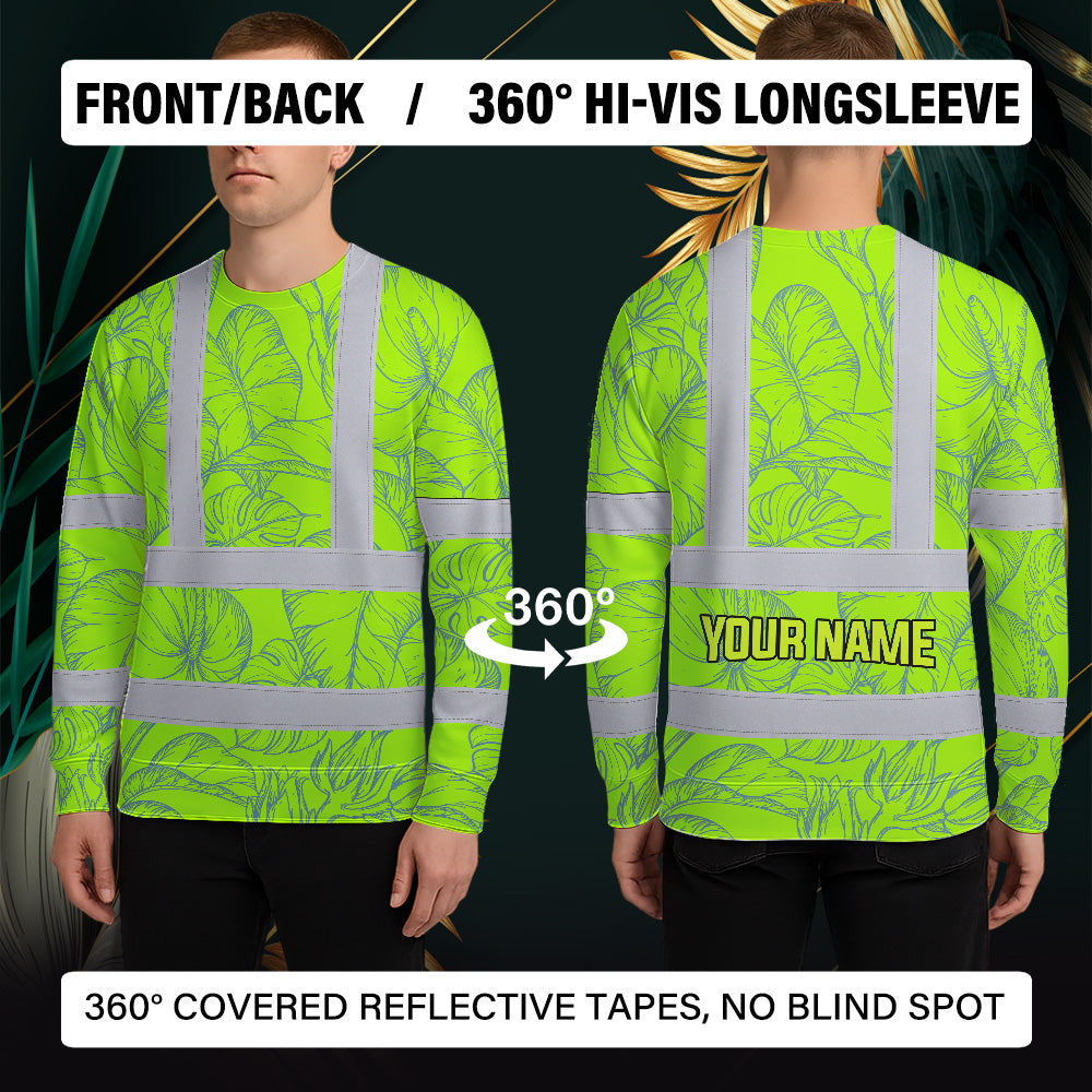 Hi Vis Long Sleeve Shirt Reflective Tapes Green Neon Flowers Custom Name Safety Workwear For Workers, Truckers, Operators