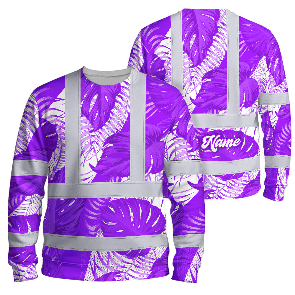 Hi Vis Long Sleeve Shirt Reflective Tapes Violet Neon Flowers Custom Name Safety Workwear For Workers, Truckers, Operators