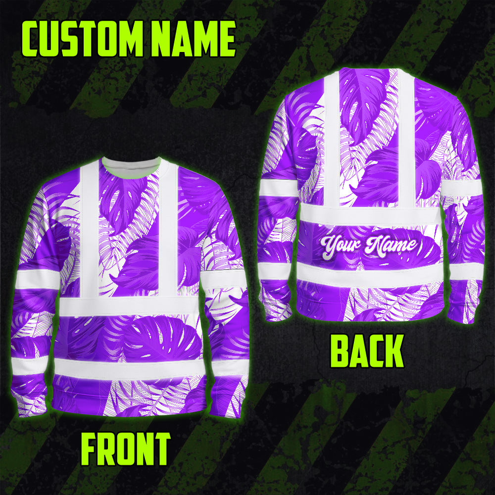 Hi Vis Long Sleeve Shirt Reflective Tapes Violet Neon Flowers Custom Name Safety Workwear For Workers, Truckers, Operators