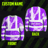 Hi Vis Long Sleeve Shirt Reflective Tapes Violet Neon Flowers Custom Name Safety Workwear For Workers, Truckers, Operators