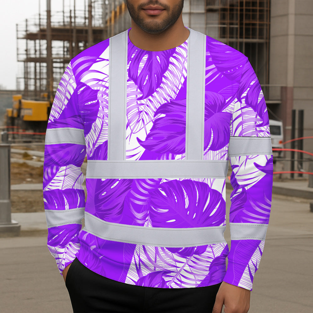 Hi Vis Long Sleeve Shirt Reflective Tapes Violet Neon Flowers Custom Name Safety Workwear For Workers, Truckers, Operators