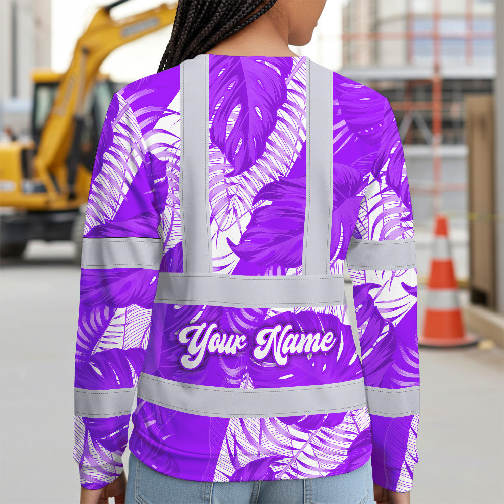 Hi Vis Long Sleeve Shirt Reflective Tapes Violet Neon Flowers Custom Name Safety Workwear For Workers, Truckers, Operators