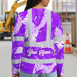 Hi Vis Long Sleeve Shirt Reflective Tapes Violet Neon Flowers Custom Name Safety Workwear For Workers, Truckers, Operators
