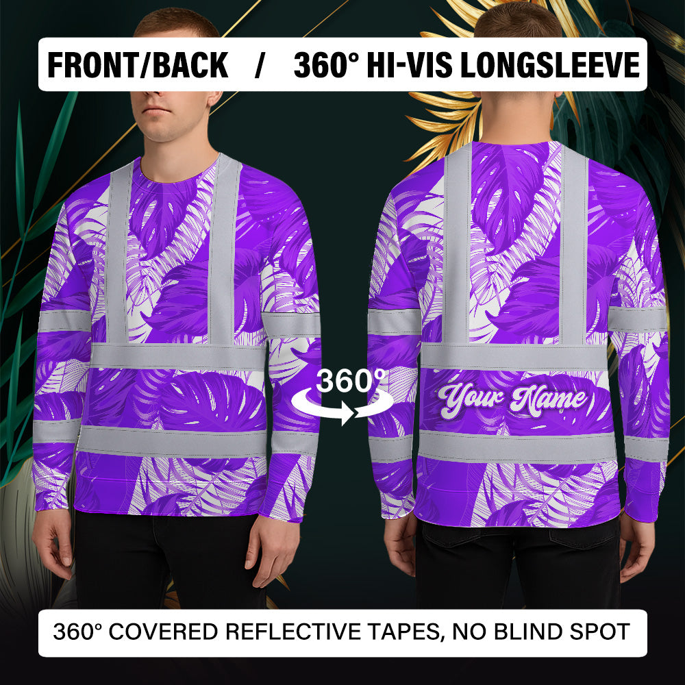 Hi Vis Long Sleeve Shirt Reflective Tapes Violet Neon Flowers Custom Name Safety Workwear For Workers, Truckers, Operators