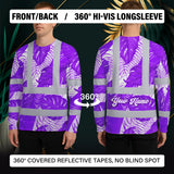 Hi Vis Long Sleeve Shirt Reflective Tapes Violet Neon Flowers Custom Name Safety Workwear For Workers, Truckers, Operators