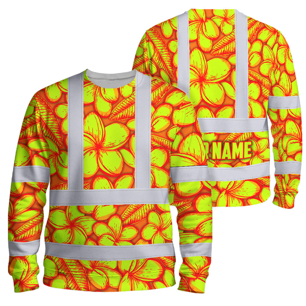Hi Vis Long Sleeve Shirt Reflective Tapes Orange Neon Lime Plumeria Custom Name Safety Workwear For Workers, Truckers, Operators