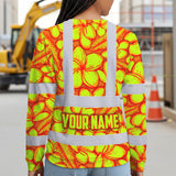 Hi Vis Long Sleeve Shirt Reflective Tapes Orange Neon Lime Plumeria Custom Name Safety Workwear For Workers, Truckers, Operators