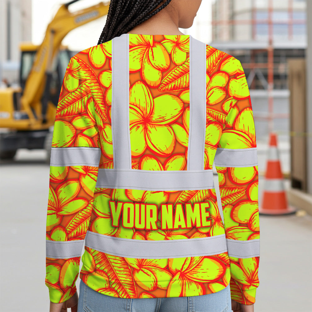 Hi Vis Long Sleeve Shirt Reflective Tapes Orange Neon Lime Plumeria Custom Name Safety Workwear For Workers, Truckers, Operators