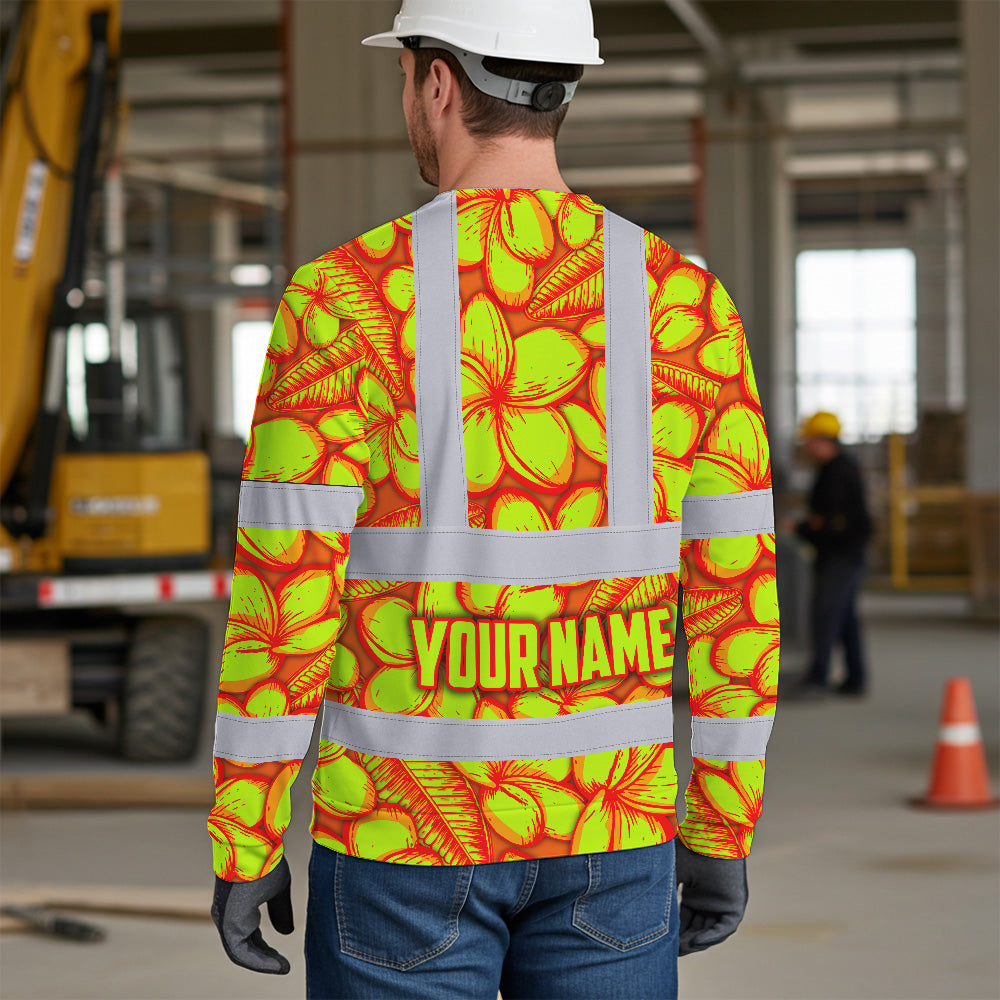 Hi Vis Long Sleeve Shirt Reflective Tapes Orange Neon Lime Plumeria Custom Name Safety Workwear For Workers, Truckers, Operators