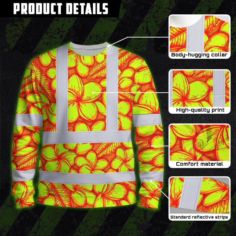 Hi Vis Long Sleeve Shirt Reflective Tapes Orange Neon Lime Plumeria Custom Name Safety Workwear For Workers, Truckers, Operators