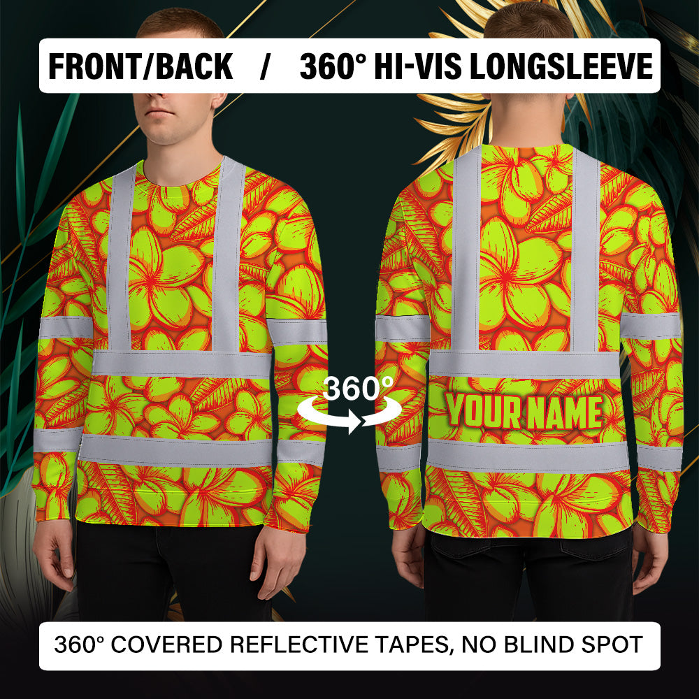 Hi Vis Long Sleeve Shirt Reflective Tapes Orange Neon Lime Plumeria Custom Name Safety Workwear For Workers, Truckers, Operators