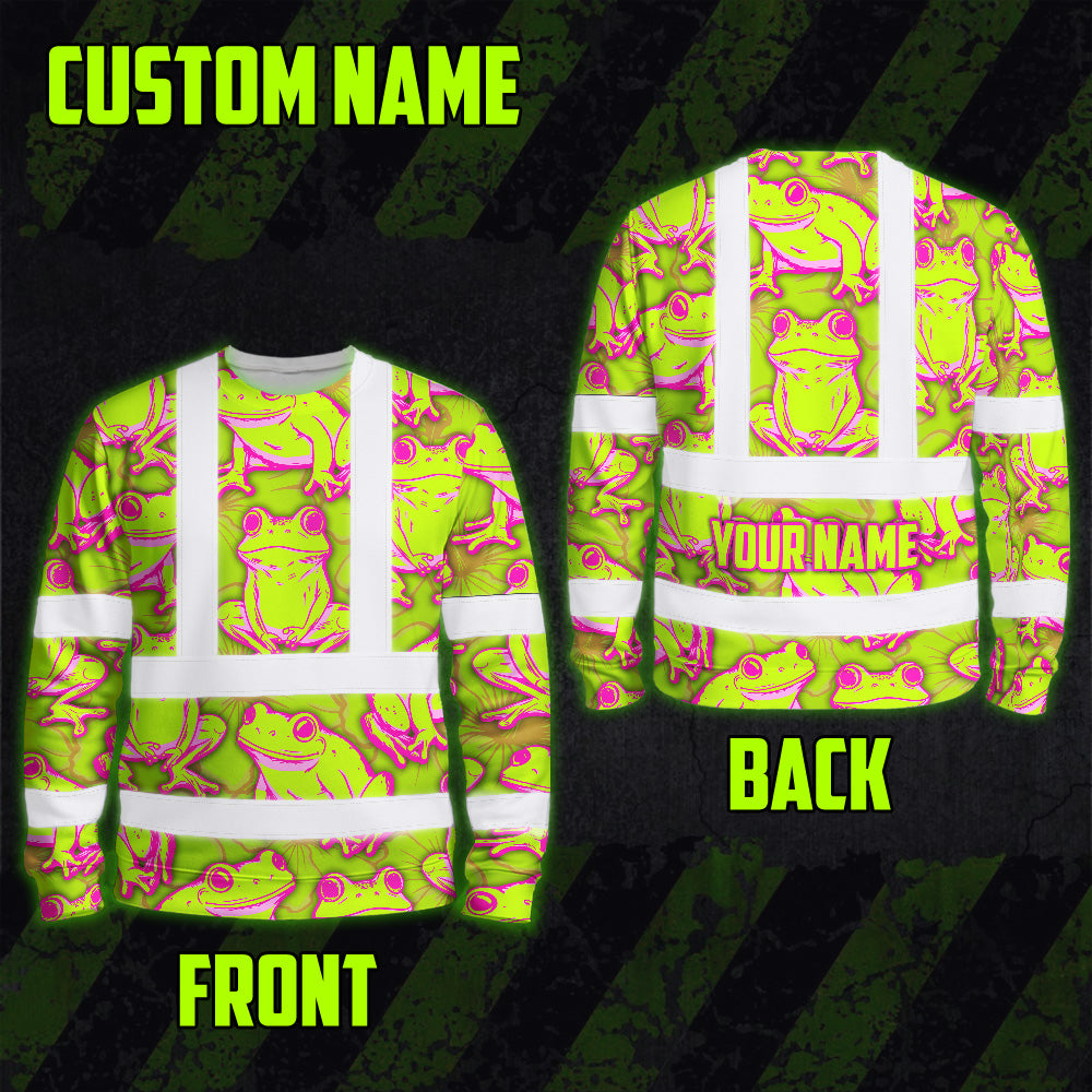 Hi Vis Long Sleeve Shirt Reflective Tapes Pink And Lime Neon Frog Custom Name Safety Workwear For Workers, Truckers, Operators