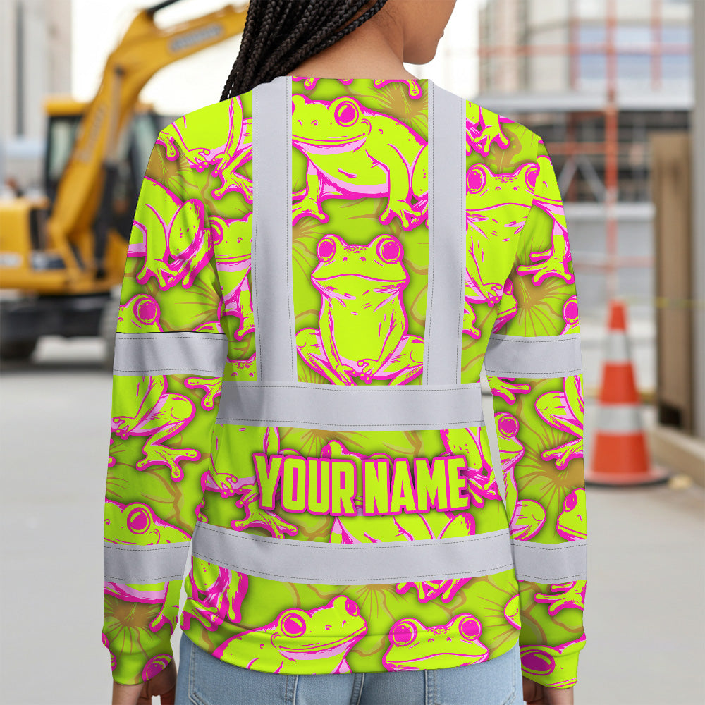 Hi Vis Long Sleeve Shirt Reflective Tapes Pink And Lime Neon Frog Custom Name Safety Workwear For Workers, Truckers, Operators