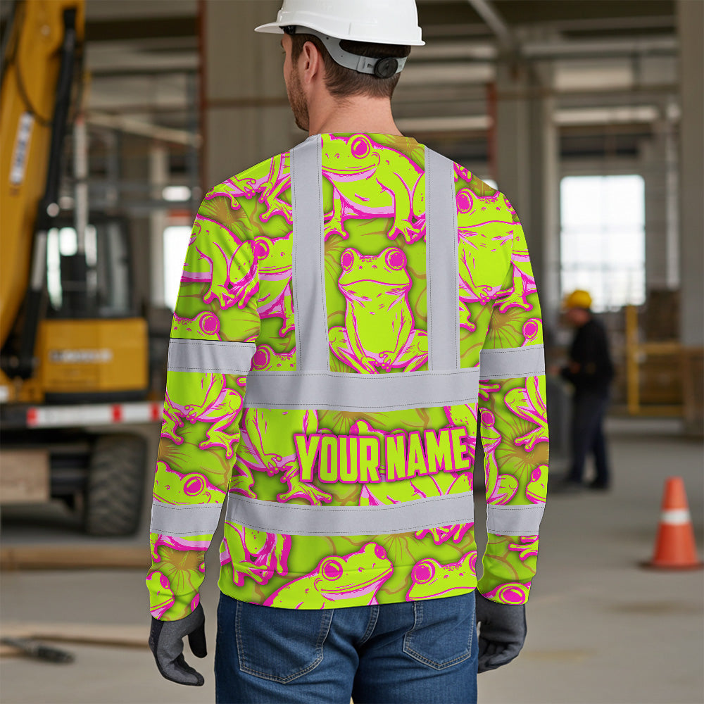 Hi Vis Long Sleeve Shirt Reflective Tapes Pink And Lime Neon Frog Custom Name Safety Workwear For Workers, Truckers, Operators