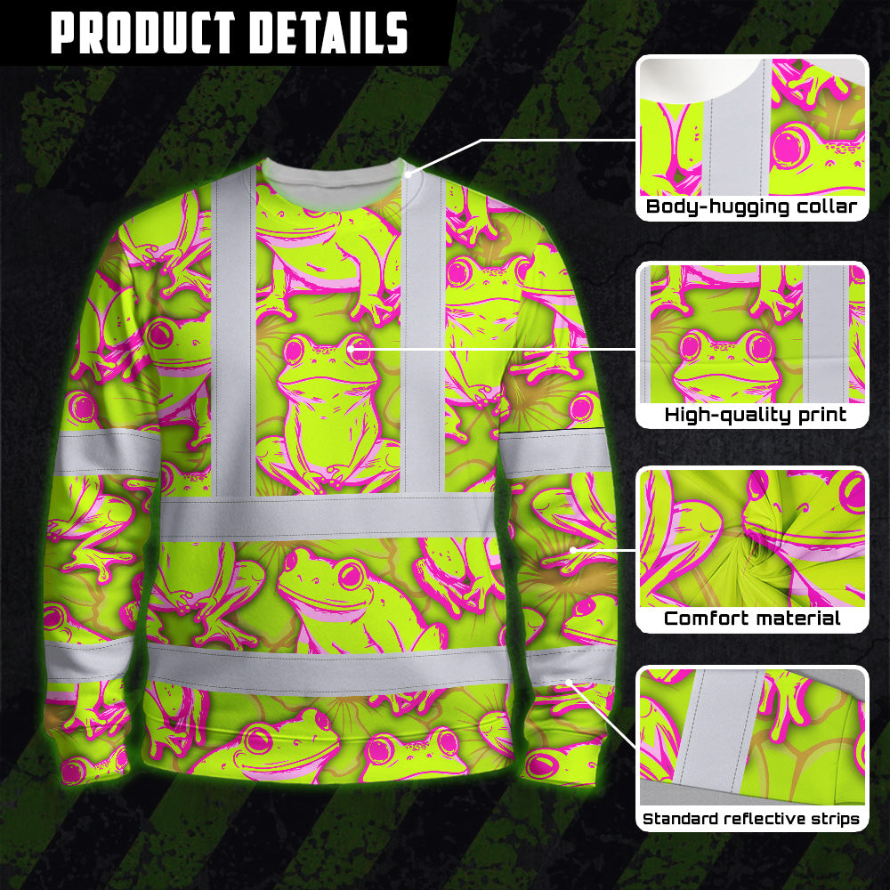 Hi Vis Long Sleeve Shirt Reflective Tapes Pink And Lime Neon Frog Custom Name Safety Workwear For Workers, Truckers, Operators