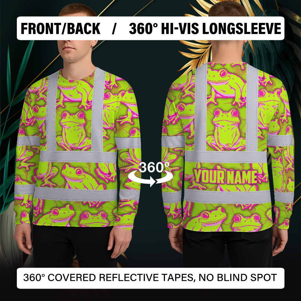 Hi Vis Long Sleeve Shirt Reflective Tapes Pink And Lime Neon Frog Custom Name Safety Workwear For Workers, Truckers, Operators