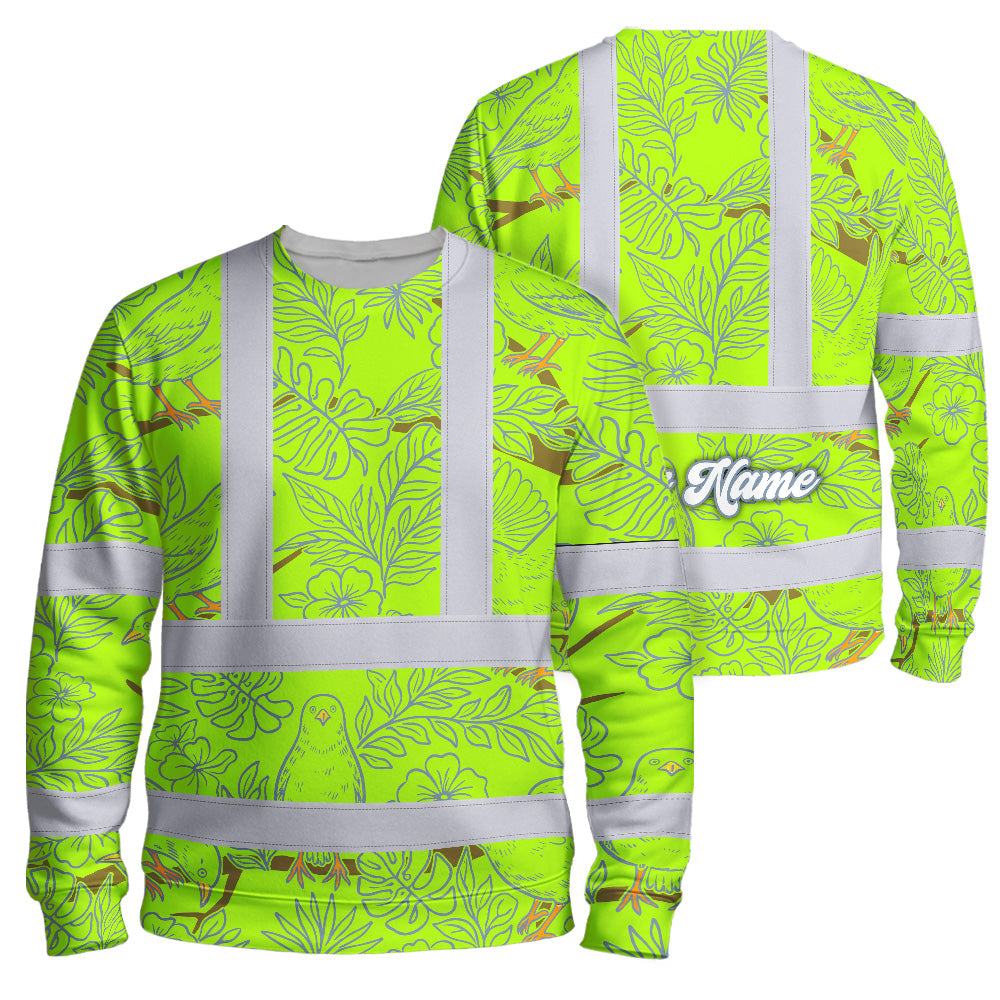 Hi Vis Long Sleeve Shirt Reflective Tapes Lime Neon White 2 Flowers Custom Name Safety Workwear For Workers, Truckers, Operators