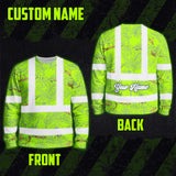 Hi Vis Long Sleeve Shirt Reflective Tapes Lime Neon White 2 Flowers Custom Name Safety Workwear For Workers, Truckers, Operators