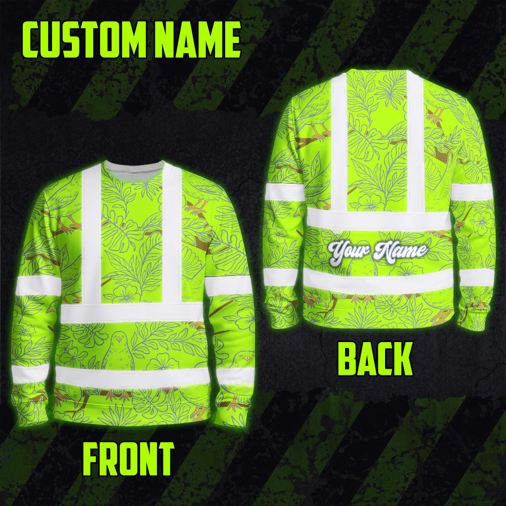 Hi Vis Long Sleeve Shirt Reflective Tapes Lime Neon White 2 Flowers Custom Name Safety Workwear For Workers, Truckers, Operators