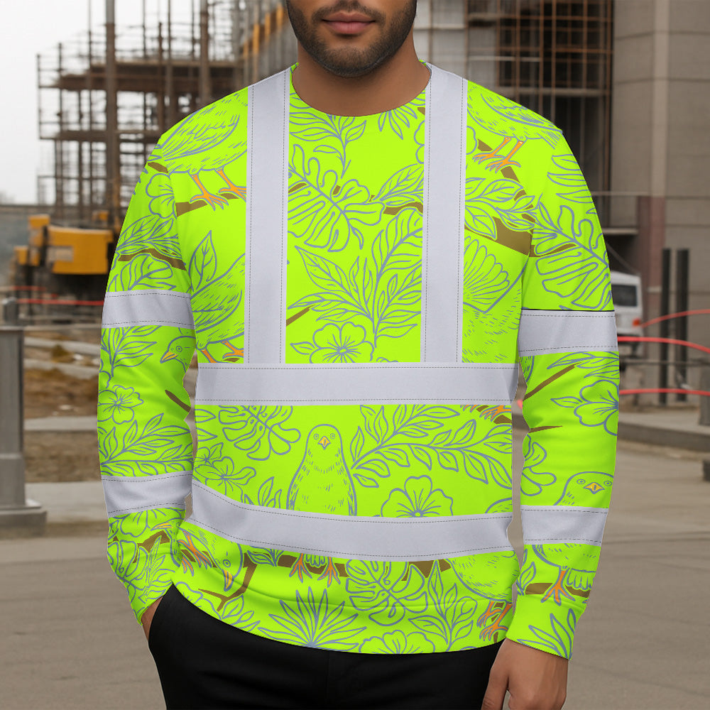 Hi Vis Long Sleeve Shirt Reflective Tapes Lime Neon White 2 Flowers Custom Name Safety Workwear For Workers, Truckers, Operators