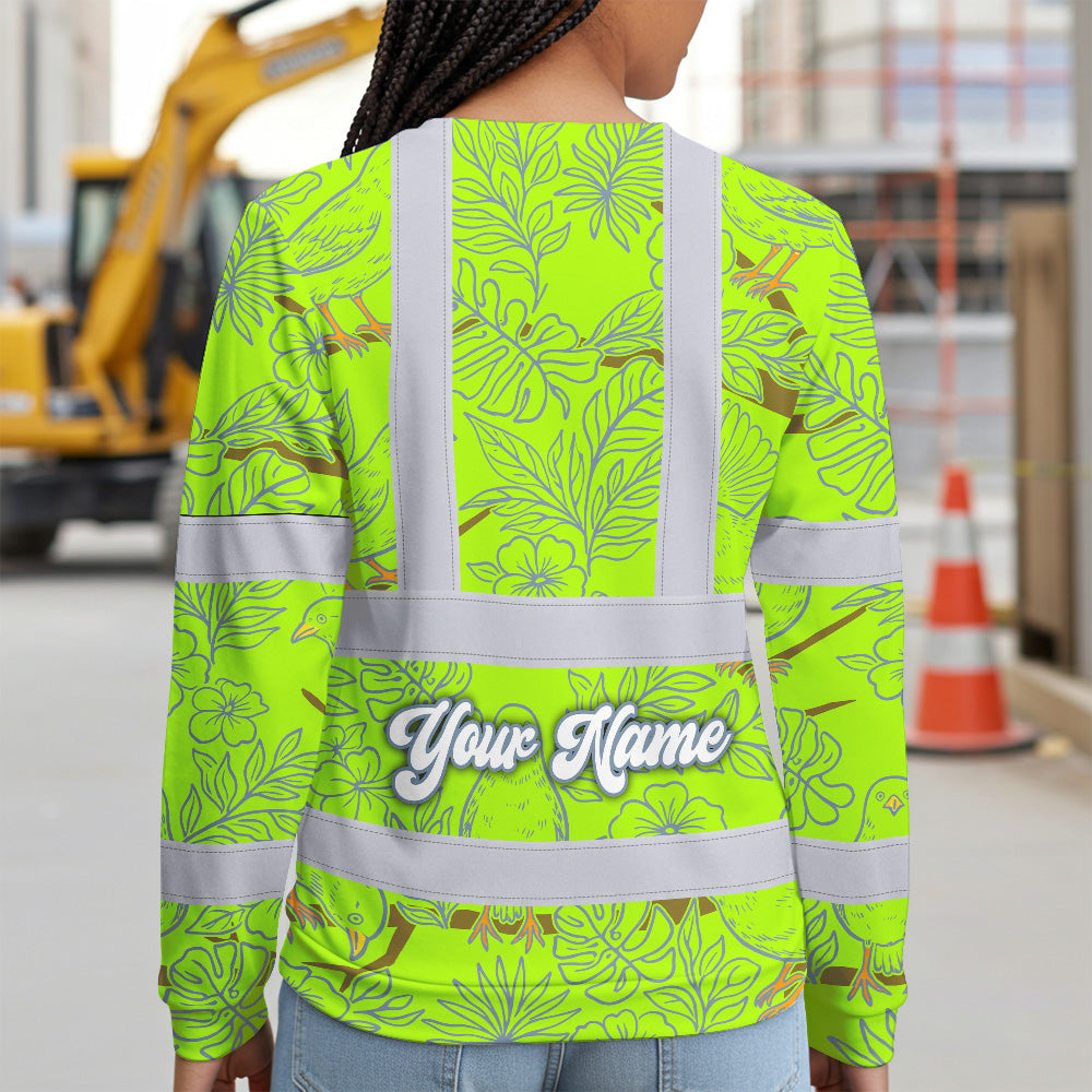 Hi Vis Long Sleeve Shirt Reflective Tapes Lime Neon White 2 Flowers Custom Name Safety Workwear For Workers, Truckers, Operators