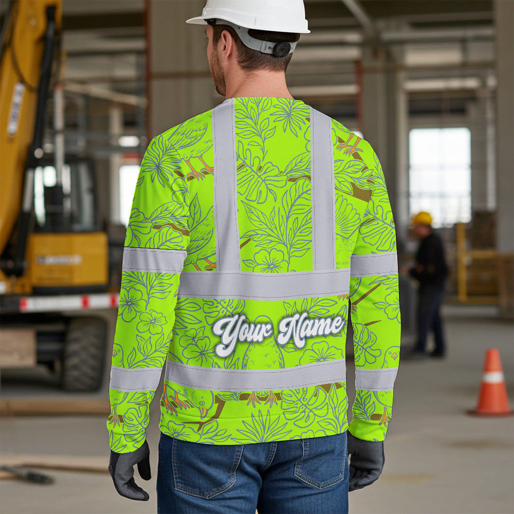 Hi Vis Long Sleeve Shirt Reflective Tapes Lime Neon White 2 Flowers Custom Name Safety Workwear For Workers, Truckers, Operators