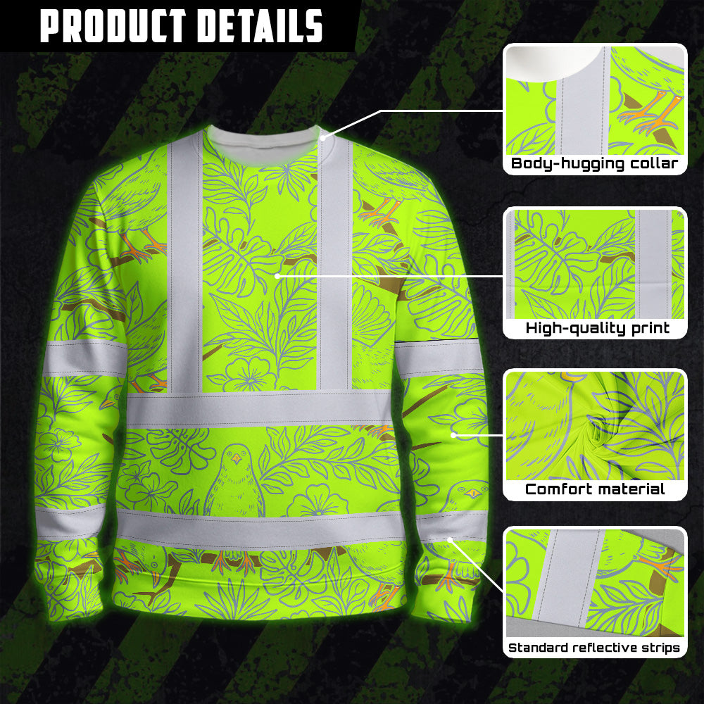 Hi Vis Long Sleeve Shirt Reflective Tapes Lime Neon White 2 Flowers Custom Name Safety Workwear For Workers, Truckers, Operators