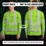 Hi Vis Long Sleeve Shirt Reflective Tapes Lime Neon White 2 Flowers Custom Name Safety Workwear For Workers, Truckers, Operators