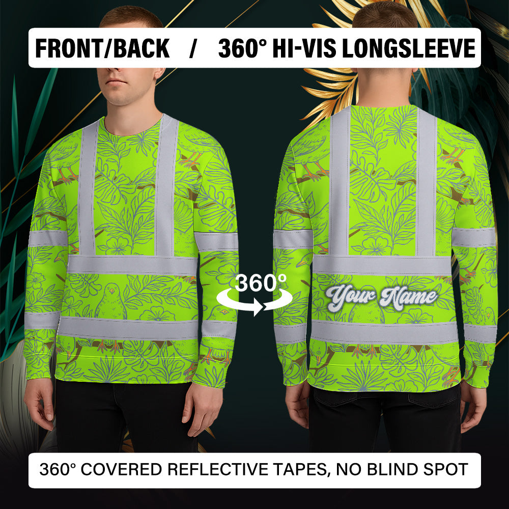 Hi Vis Long Sleeve Shirt Reflective Tapes Lime Neon White 2 Flowers Custom Name Safety Workwear For Workers, Truckers, Operators