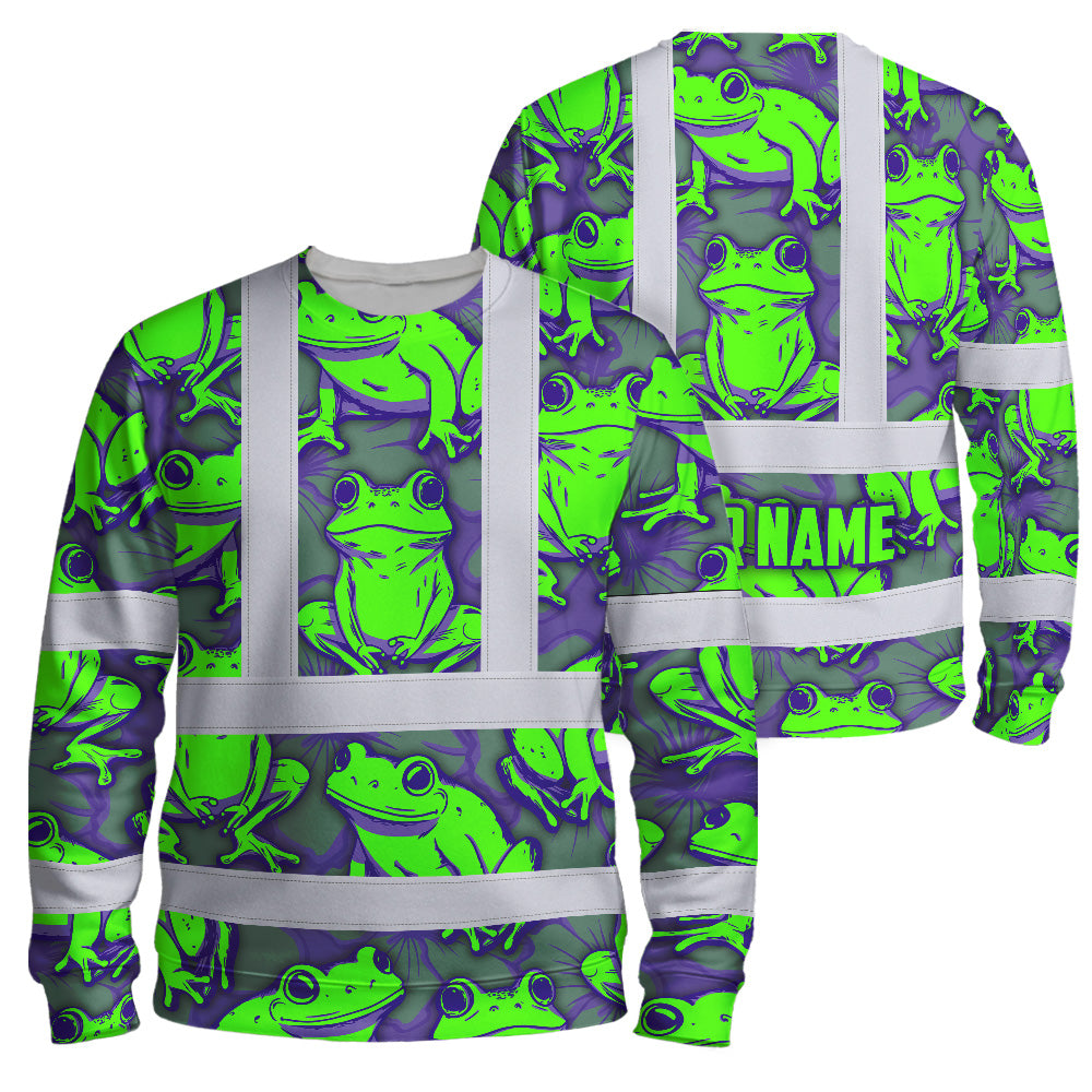 Hi Vis Long Sleeve Shirt Reflective Tapes Green Neon Violet Frog Custom Name Safety Workwear For Workers, Truckers, Operators