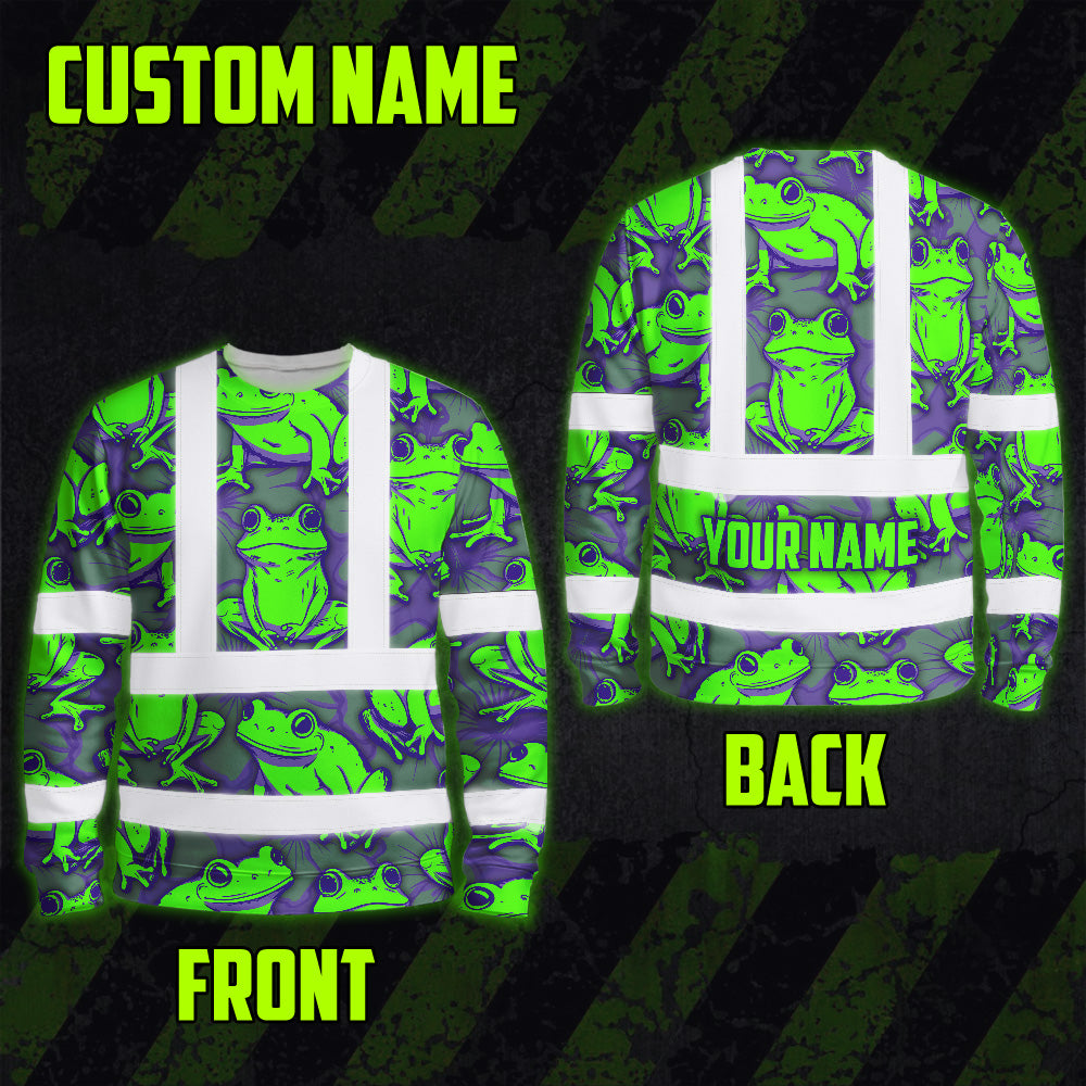 Hi Vis Long Sleeve Shirt Reflective Tapes Green Neon Violet Frog Custom Name Safety Workwear For Workers, Truckers, Operators