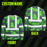 Hi Vis Long Sleeve Shirt Reflective Tapes Green Neon Violet Frog Custom Name Safety Workwear For Workers, Truckers, Operators