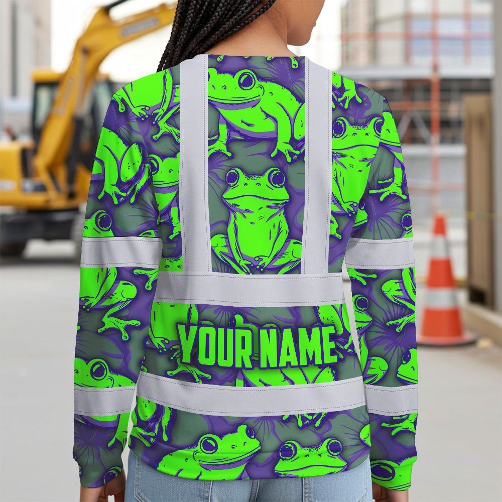 Hi Vis Long Sleeve Shirt Reflective Tapes Green Neon Violet Frog Custom Name Safety Workwear For Workers, Truckers, Operators
